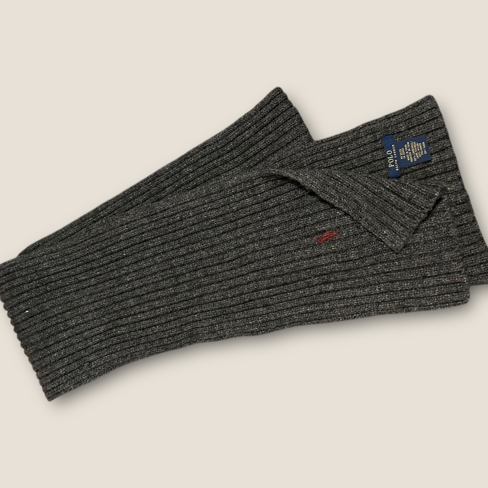 Polo Ralph Lauren Wool Scarf Gray Rib Knit Red Pony Logo 80% Lambswool